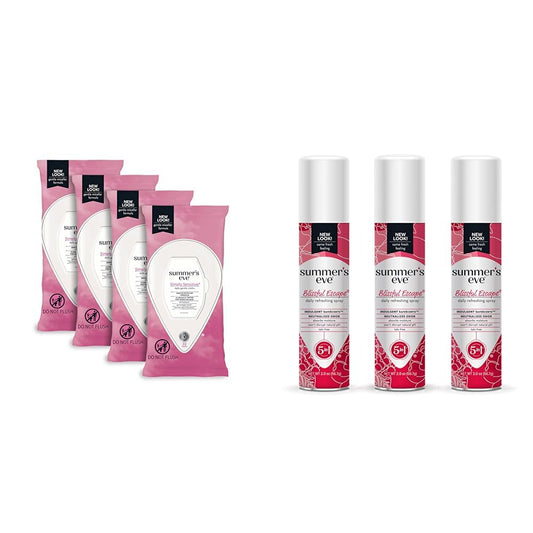 Summer's Eve Simply Sensitive 32 Count Gentle Feminine Wipes & Blissful Escape Feminine Spray Bundles, 4 & 3 Packs