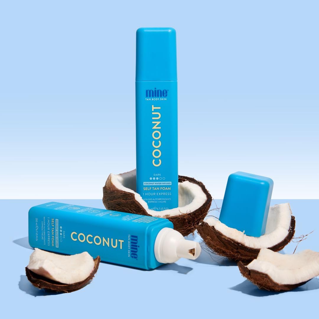 MineTan Coconut Duo Self Tan Bundle | Express 1 Hour - Includes 2 Coconut Sunless Tanner Mousses, Application Mitt, & Exfoliating Glove for Tan Removal & Prep