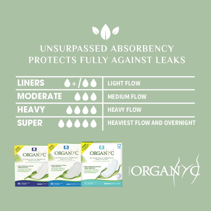 Organyc 100% Certified Organic Cotton Inside and Out Feminine Pads, Heaviest Flow (Overnight) + Heavy Flow + Moderate Flow