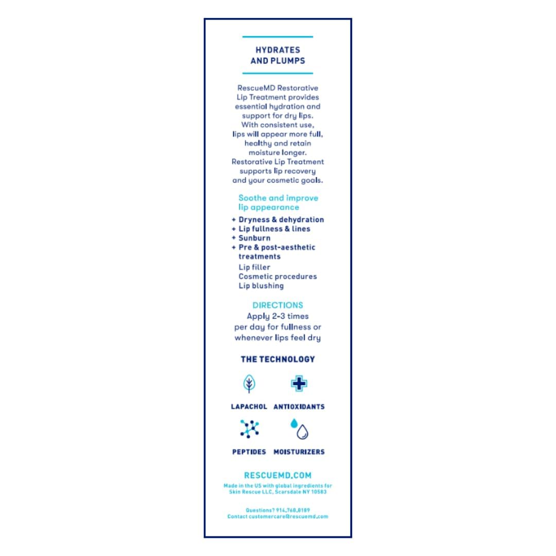 RescueMD Restorative Lip Treatment, Peptide-Powered Rejuvenation + Arnica Repair for Healthy, Hydrated Lips (12mL)