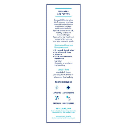 RescueMD Restorative Lip Treatment, Peptide-Powered Rejuvenation + Arnica Repair for Healthy, Hydrated Lips (12mL)