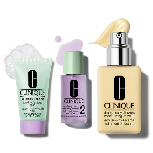Clinique Great Skin, Great Deal Gift Set | All About Clean Mild Liquid Soap, Clarifying Lotion + Dramatically Different Lotion | Includes Full Size Moisturizer | For Dry or Oily Combination Skin Types