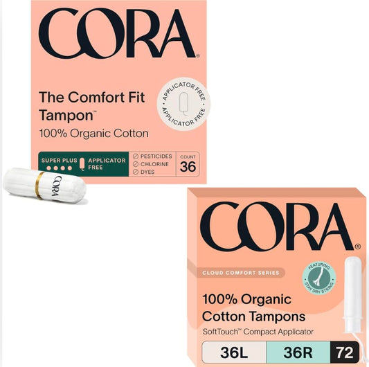 Cora Organic Cotton Tampons | Non-Applicator Ultra-Absorbent S/S+ & Applicator Multipack (Light & Regular Absorbency) | Eco-Conscious | 108 Total