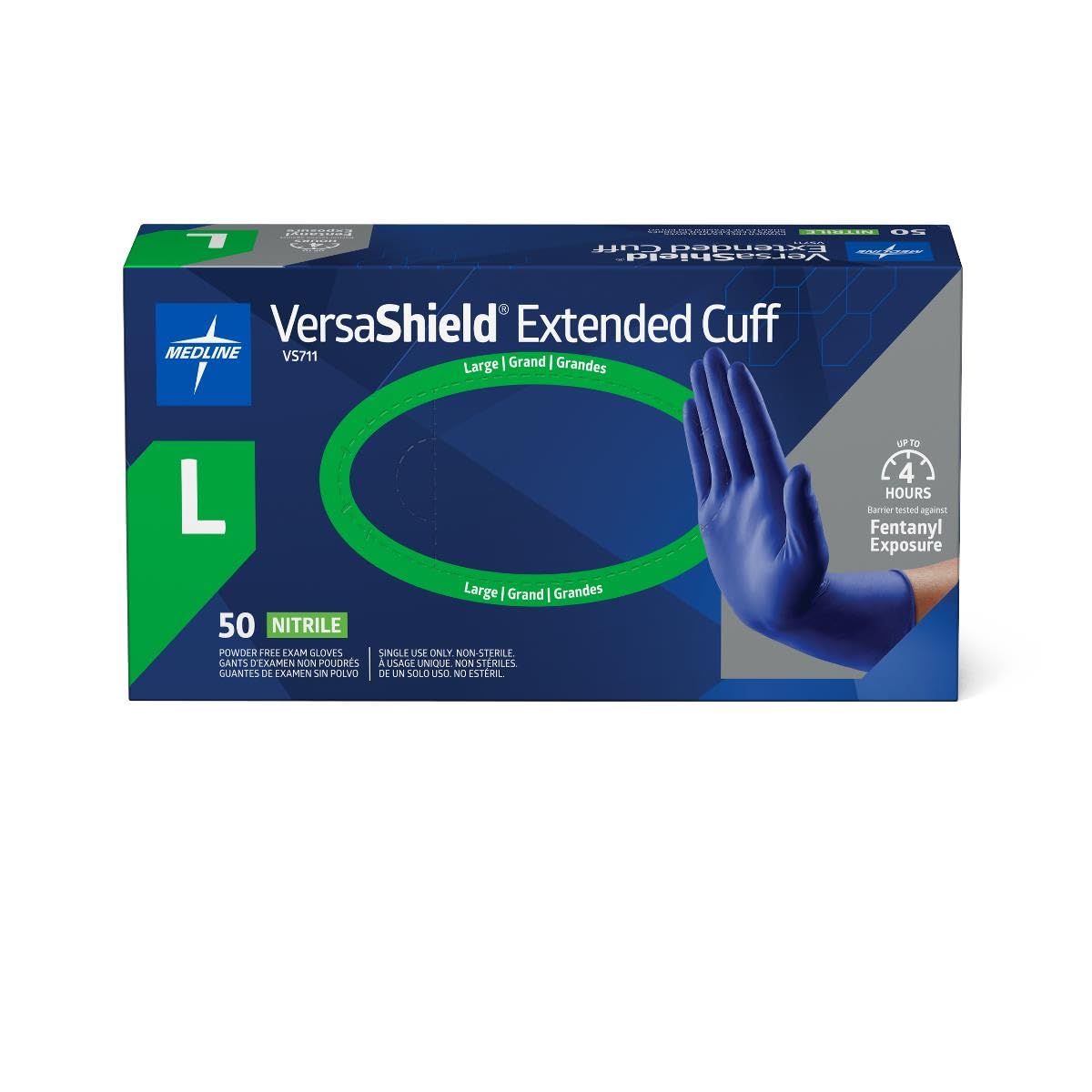 Medline VersaShield Extended Cuff Powder-Free Nitrile Exam Gloves, Size L