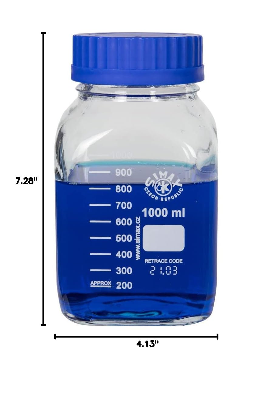 United Scientific™ SIMAX BSWM1000 GL80 Media/Storage Bottles, Wide Mouth, Square, 3.3 Borosilicate Glass, 1000mL (1L), 1 Each