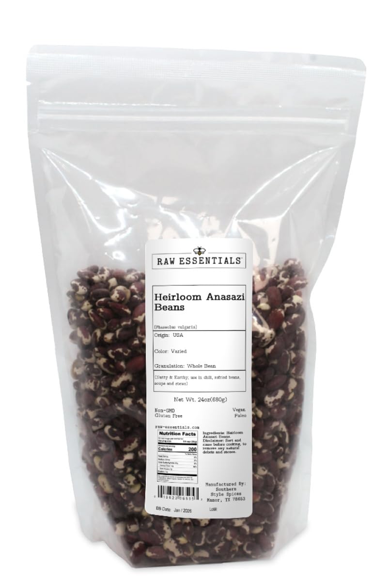 Raw Essentials Heirloom Anasazi Beans - Chili, Refried Beans, Soups and Stews - Non-GMO, Gluten Free, Vegan and Paleo - 24 Ounce Bag