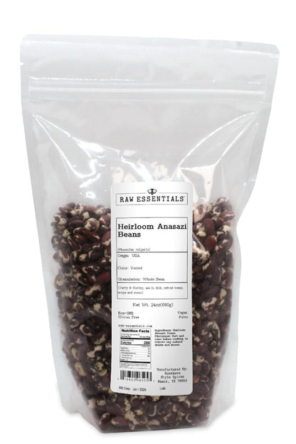 Raw Essentials Heirloom Anasazi Beans - Chili, Refried Beans, Soups and Stews - Non-GMO, Gluten Free, Vegan and Paleo - 24 Ounce Bag