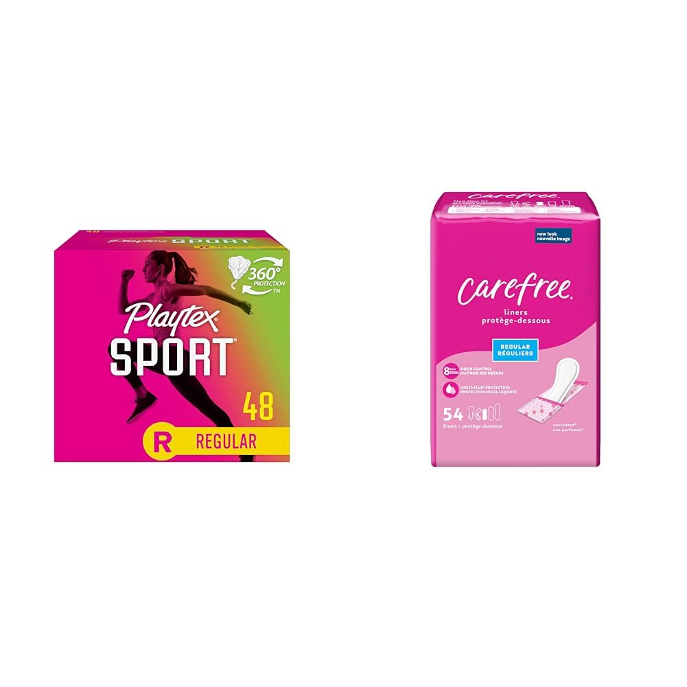 Playtex Sport Tampons, Regular Absorbency, Fragrance-Free - 48ct (Packaging May Vary) & Carefree Panty Liners, Regular Liners, Wrapped, Unscented, 54ct (Packaging May Vary)