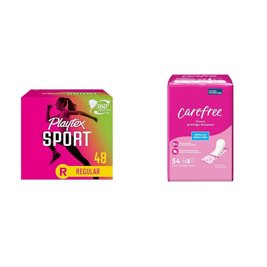 Playtex Sport Tampons, Regular Absorbency, Fragrance-Free - 48ct (Packaging May Vary) & Carefree Panty Liners, Regular Liners, Wrapped, Unscented, 54ct (Packaging May Vary)