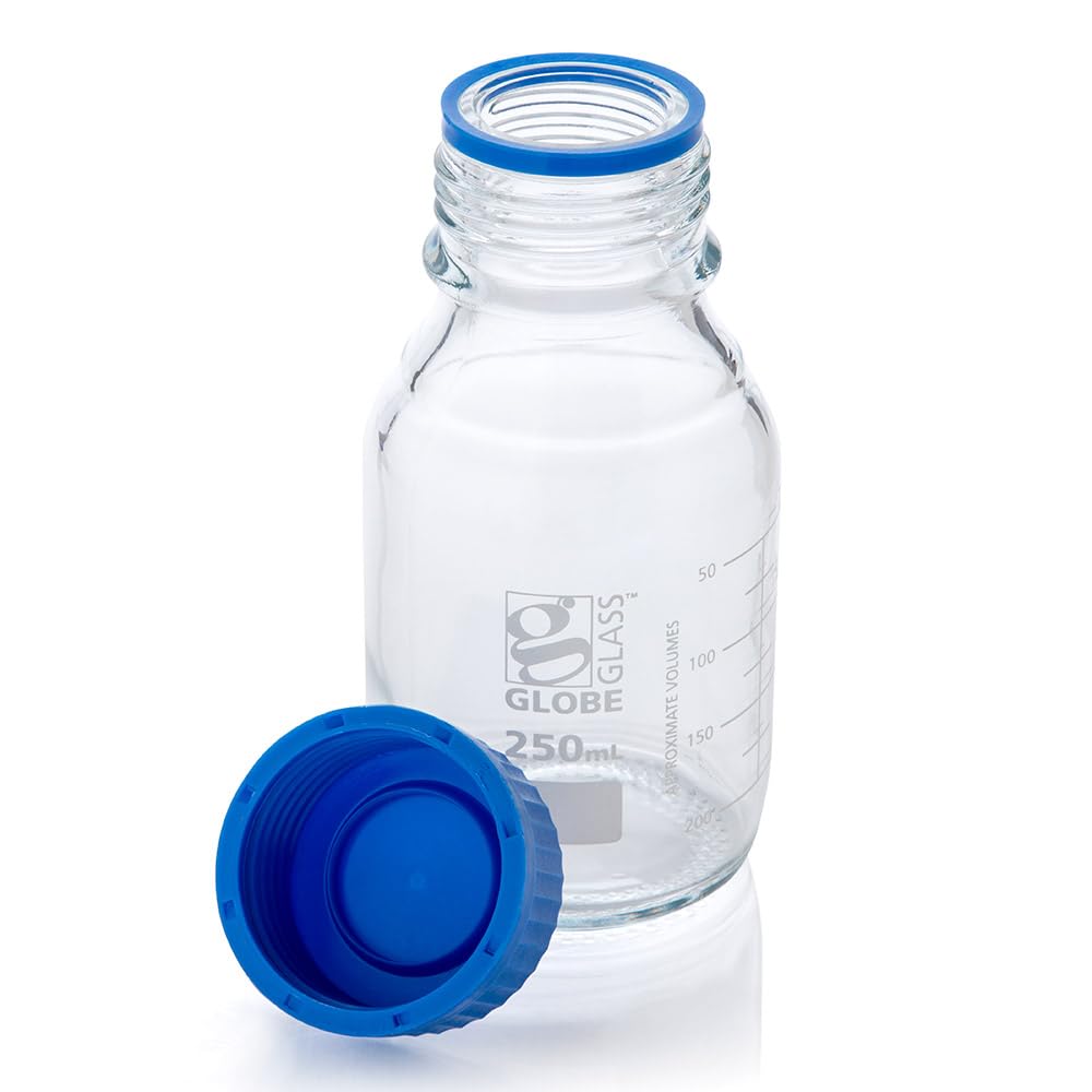 Media Bottle, Globe Glass, 250mL, GL45 Screw Cap, 3.3 Borosilicate Glass, Dual Graduations, 10/Box