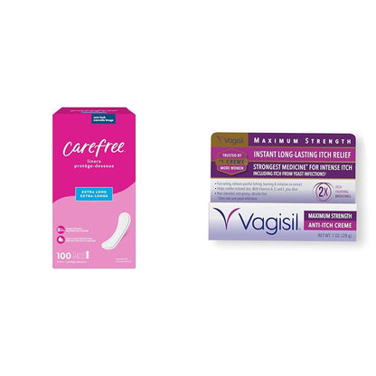 Carefree Panty Liners 100ct & Vagisil Maximum Strength Anti-Itch Cream, Feminine Care Bundle