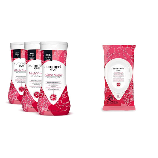Summer's Eve Blissful Escape Body Wash (Pack of 3) & Feminine Wipes (32 Count) Bundle