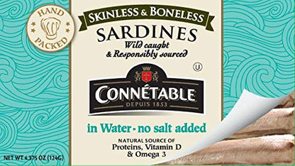Sardines | Connetable | Sardines in Water | Skinless Boneless | No salt added | 4.375 Ounce | Pack of 12