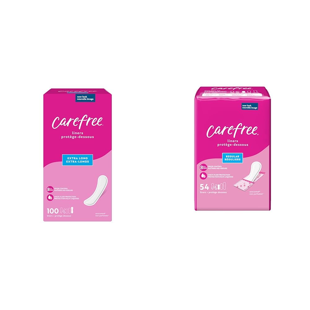 Carefree Panty Liners, Extra Long Liners, Unwrapped, Unscented, 100ct (Packaging May Vary) & Panty Liners, Regular Liners, Wrapped, Unscented, 54ct (Packaging May Vary)