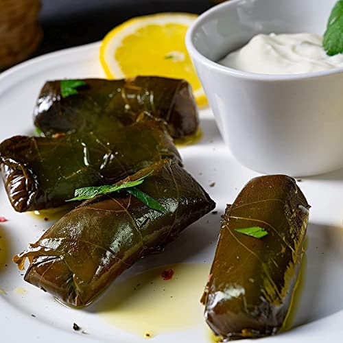 Kontos Foods Dolmas Stuffed Grape Leaves With Rice • Ready To Eat • Kosher • for vegan snacks or Greek Food Mezze Platter w/ spanakopita, tzatziki sauce, babaganush, greek olives or Charcuterie Board • Greek dolmades canned