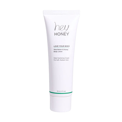 Hey Honey 4pc Set: Love Your Body Lotion, Walk The Walk Foot Cream, Hands On Honey Hand Cream, Eco Makeup Bag. Perfect for Valentine's, Xmas, Birthdays
