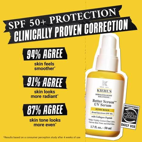 Kiehl's Better Screen UV Serum SPF 50+, Invisible Facial Sunscreen with Collagen Peptide, UV Filters to Shield UVA & UVB, Helps Correct Visible Signs of Aging, Boosts Skin Radiance