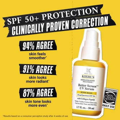 Kiehl's Better Screen UV Serum SPF 50+, Invisible Facial Sunscreen with Collagen Peptide, UV Filters to Shield UVA & UVB, Helps Correct Visible Signs of Aging, Boosts Skin Radiance
