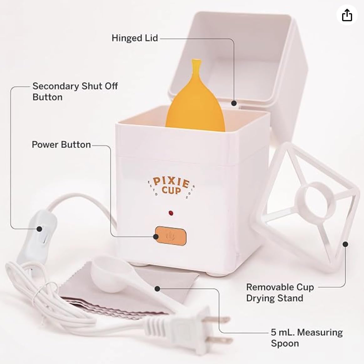 Pixie Menstrual Cup Steam Cleaner - Wash Your Cup + Kill 99.9% of Germs with Cleanser Steam for Feminine Care - 3 Minutes and Your Period Cup is Sterile! Automatic Shut Off - FSA Eligible (White)