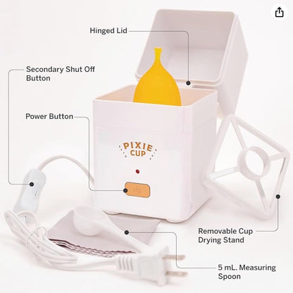 Pixie Menstrual Cup Steam Cleaner - Wash Your Cup + Kill 99.9% of Germs with Cleanser Steam for Feminine Care - 3 Minutes and Your Period Cup is Sterile! Automatic Shut Off - FSA Eligible (White)