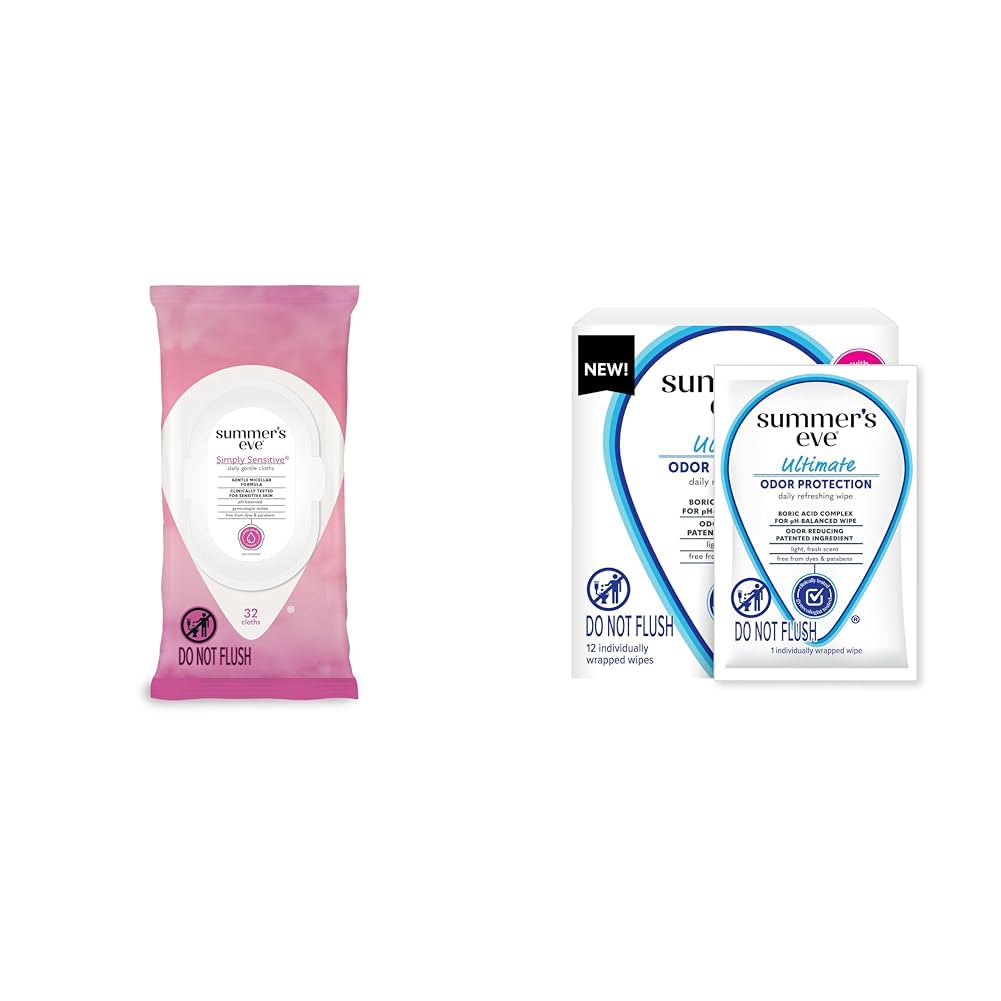 Summer's Eve Simply Sensitive 32ct & Ultimate Odor Control 12ct Feminine Wipes Bundle, Removes Odor, pH Balanced