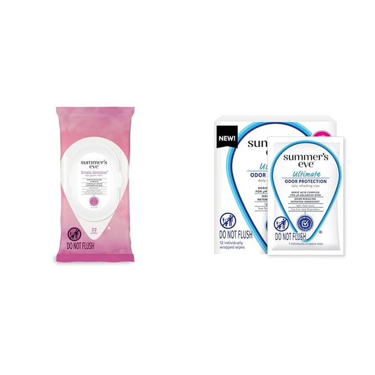 Summer's Eve Simply Sensitive 32ct & Ultimate Odor Control 12ct Feminine Wipes Bundle, Removes Odor, pH Balanced