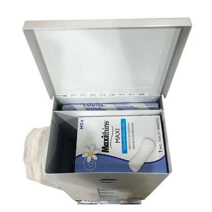 Tampon and pad Dispenser, Compact, Free Vending, White Steel Restroom Fixture
