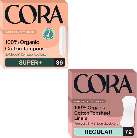 Cora Organic Period Essentials | Super Plus Absorbency Applicator Tampons & Regular Organic Cotton Liners | 100% Organic, Unscented, BPA-free | Leak Protection, Quick Absorbency | Hypoallergenic, Derm