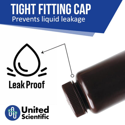 United Scientific® - Sample Containers with Lids - Amber HDPE Wide Mouth Reagent Bottle - Chemical Container - 16 oz Bottles (500mL) Multi-Purpose Plastic Bottles with Lids, Pack of 12