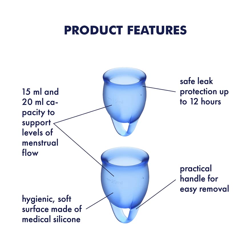 Satisfyer Feel Confident Menstrual Cup - Reusable Period Cup with Removal Ring - Soft, Flexible Body-Safe Silicone, Easy Insertion & Removal - Includes 2 Cup Sizes for All Flows (Dark Blue)