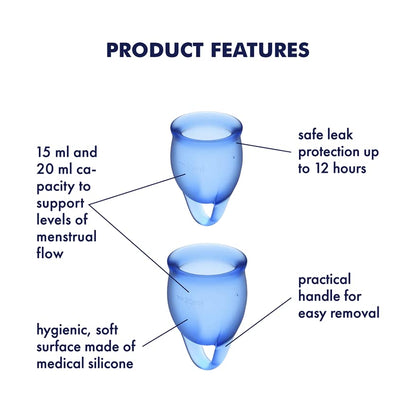 Satisfyer Feel Confident Menstrual Cup - Reusable Period Cup with Removal Ring - Soft, Flexible Body-Safe Silicone, Easy Insertion & Removal - Includes 2 Cup Sizes for All Flows (Dark Blue)
