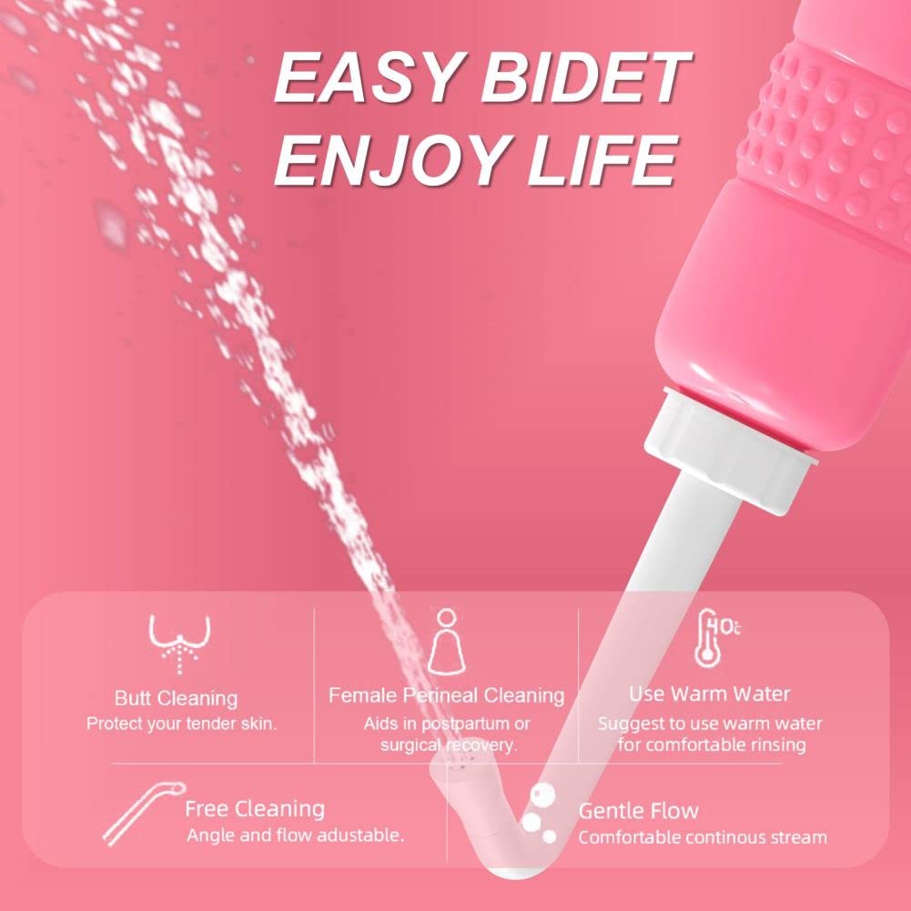 Upside Down Peri Bottle for Postpartum Care, Portable Bidet Bottle with Travel Bag, Handheld Perineal Sprayer,Reusable Douche Bottle for Women,Men,Baby,Personal Hygiene 450ml-2Pack (Pink)