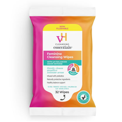vH essentials Flushable Feminine Cleansing Wipes 32 ct. pH Balanced, Prebiotics, Tea Tree & Aloe, Soothing Witch Hazel, Odor-Blocking Formula, Paraben, Alcohol, and Fragrance-Free
