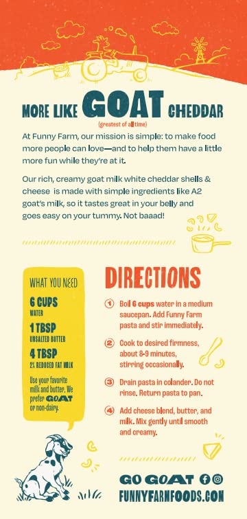 Funny Farm A2 Milk Macaroni and Cheese | Pasta with White Cheddar Flavor - Goat Cheese Mac and Cheese Dinner Bundle | A2 Goat Milk Cheese Powder Base with Elbow Macaroni Noodles - Goats Milk Based White Cheese Powder Mac n Cheese