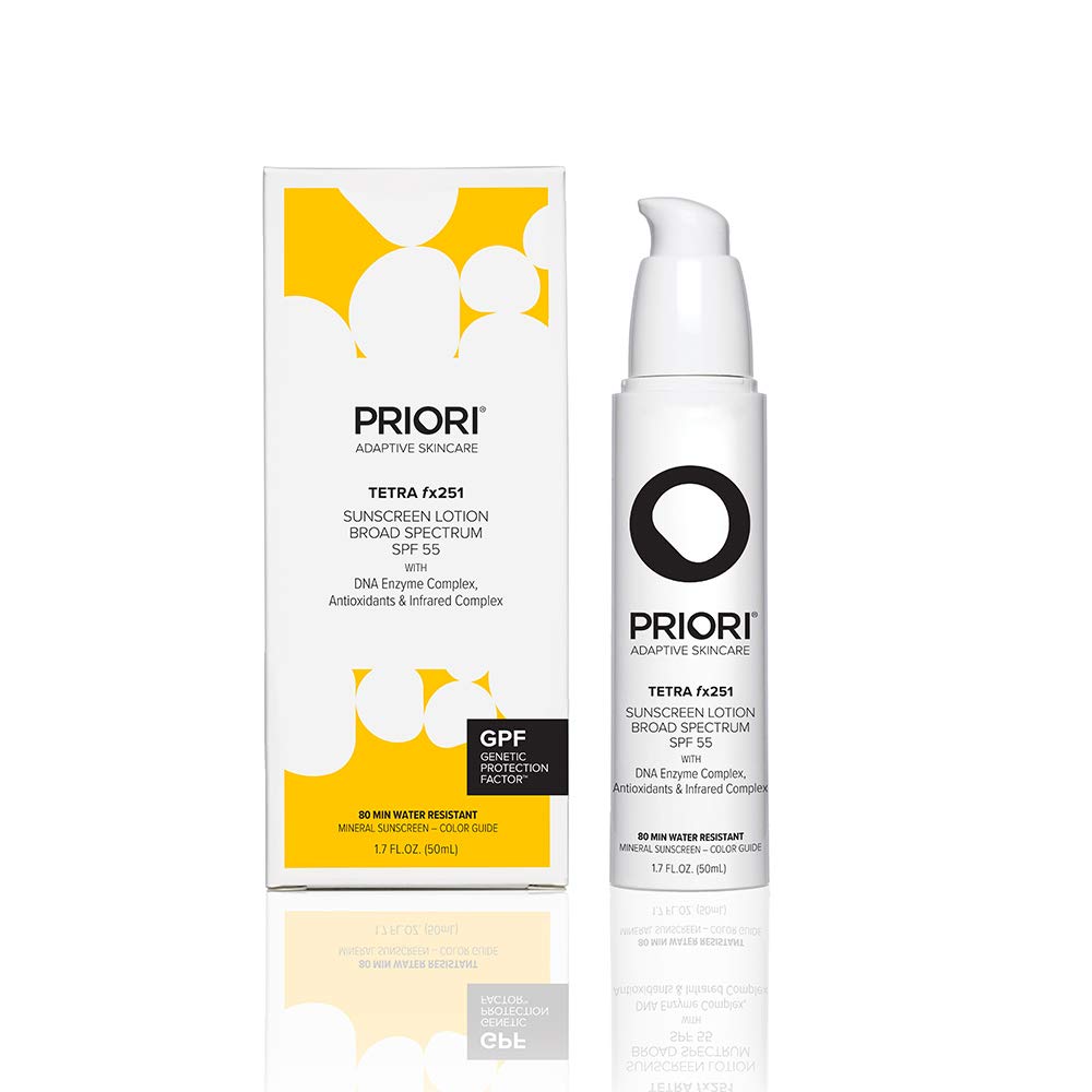Priori Skincare Tetra Sunscreen Lotion Broad Spectrum SPF 55 Universal Skin Tint, Zinc Oxide Facial Sunscreen, Blue Light Protection, Antioxidant, Matte Finish 1.7 fl oz
