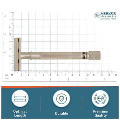 MERKUR 23 INOX Stainless Steel Double Edge Safety Razor, Satin Finish, Long Knurled Handle, Three Piece, Closed Comb