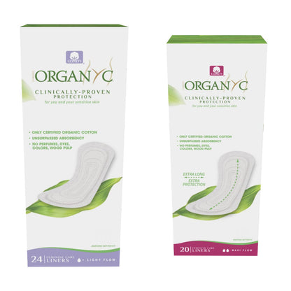 Organyc 100% Certified Organic Cotton Flat Panty Liner - Everyday Sanitary Pad, Free from Wood Pulp, Perfumes, SAP and Chemicals - Maxi Flow(20 Count)+ Light Flow(Flat) 24 Count