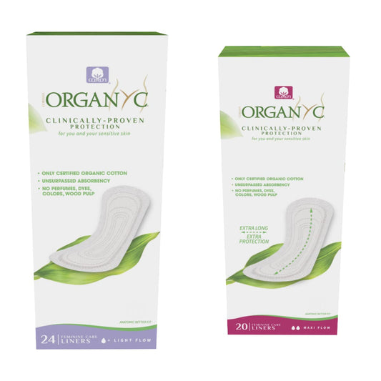 Organyc 100% Certified Organic Cotton Flat Panty Liner - Everyday Sanitary Pad, Free from Wood Pulp, Perfumes, SAP and Chemicals - Maxi Flow(20 Count)+ Light Flow(Flat) 24 Count
