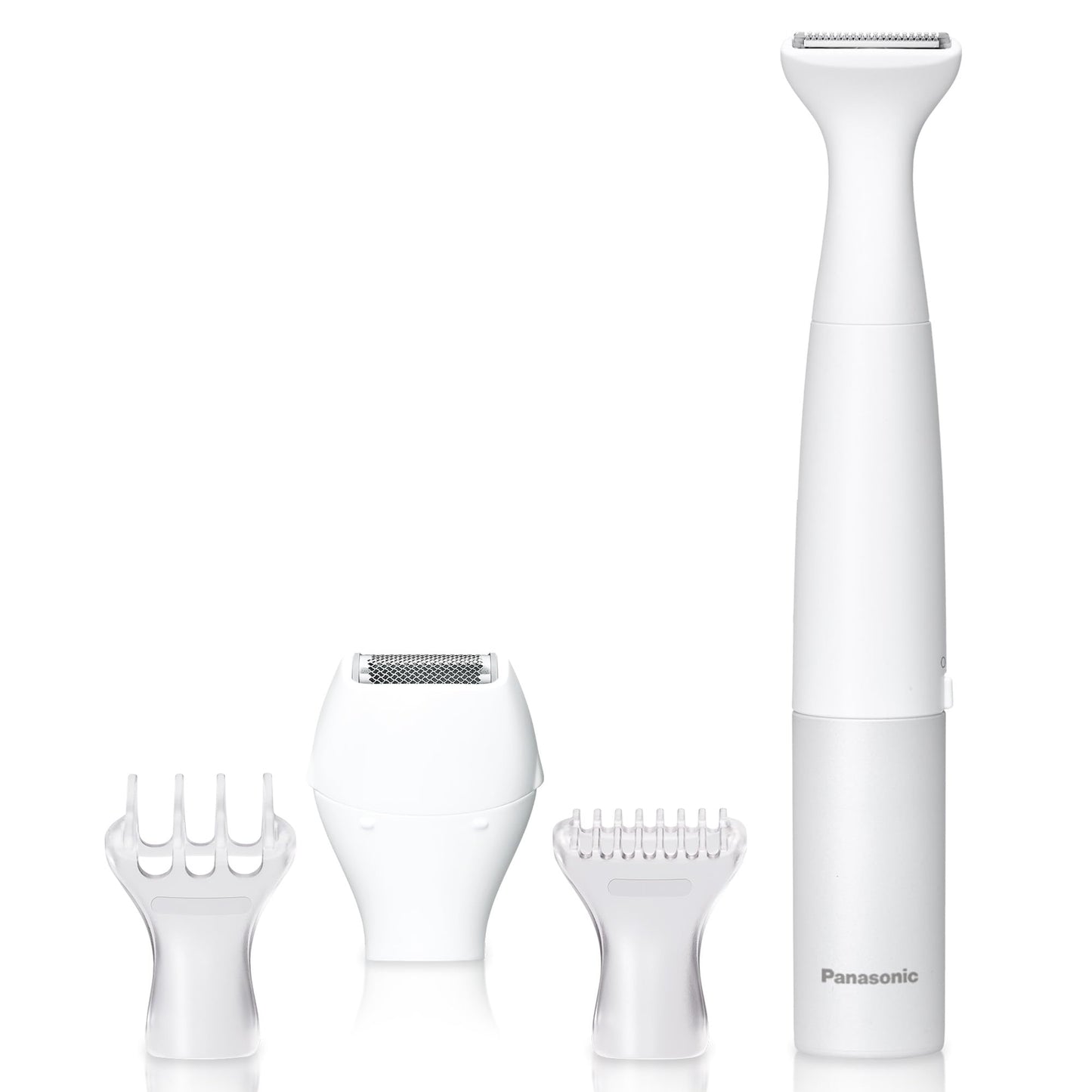 Panasonic Bikini Trimmer and Shaver for Women with 4 Attachments for Fast Easy Gentle Grooming in Intimate Areas, Use Wet/Dry, Electric Razor, Battery-Operated – ES-WV62-H (White/Silver)