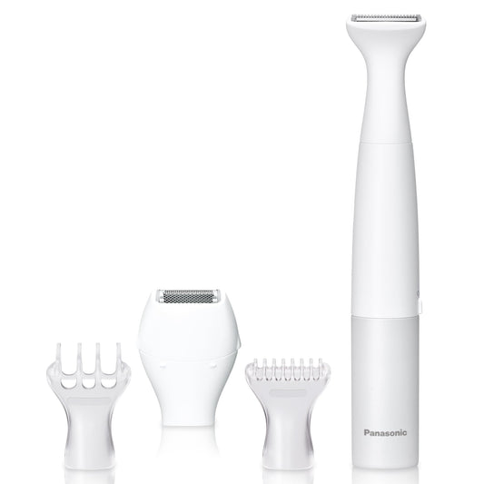 Panasonic Bikini Trimmer and Shaver for Women with 4 Attachments for Fast Easy Gentle Grooming in Intimate Areas, Use Wet/Dry, Electric Razor, Battery-Operated – ES-WV62-H (White/Silver)