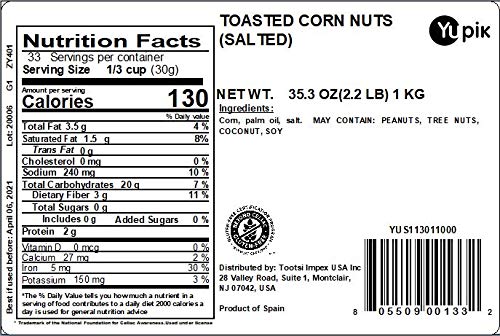 Yupik Toasted Corn Nuts, Salted, 2.2 lb (35.2 oz), Gluten-Free, Kosher, Vegan, Roasted Corn Kernels, Seasoned with Salt, Source of Fiber, Crunchy Snack, Ideal for Game Night & BBQ