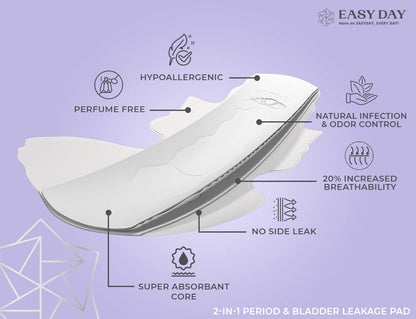 EASYDAY Overnight Heavy Flow(2-in-1 Period & Light Bladder Leakage Feminine Pads) Wings, Sensitive Skins, Unscented, Breathable, Ultra Thin Innovative Leak Guard, Individually Wrapped (12)