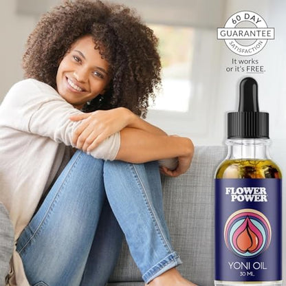 Flower Power Yoni Oil for Vaginal Moisture Support, Nourishing Feminine Care for Vaginal Dryness & Comfort, Blend of Jojoba, Peach Blossom & Sweet Almond Oil for Hydration, Vegan - 30 ml