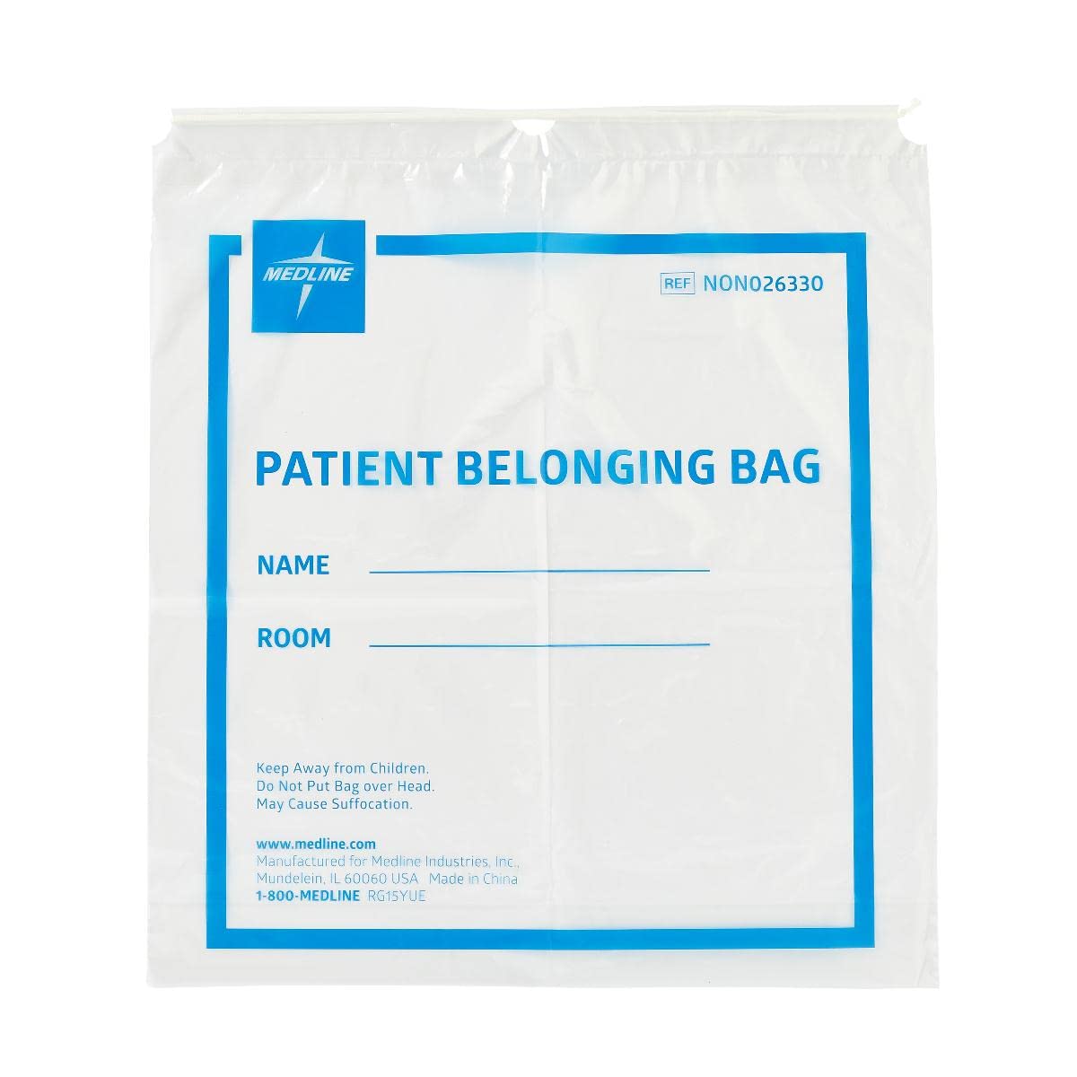 Medline Patient Belongings Bag with Drawstring, Clear, 18" x 20" Size