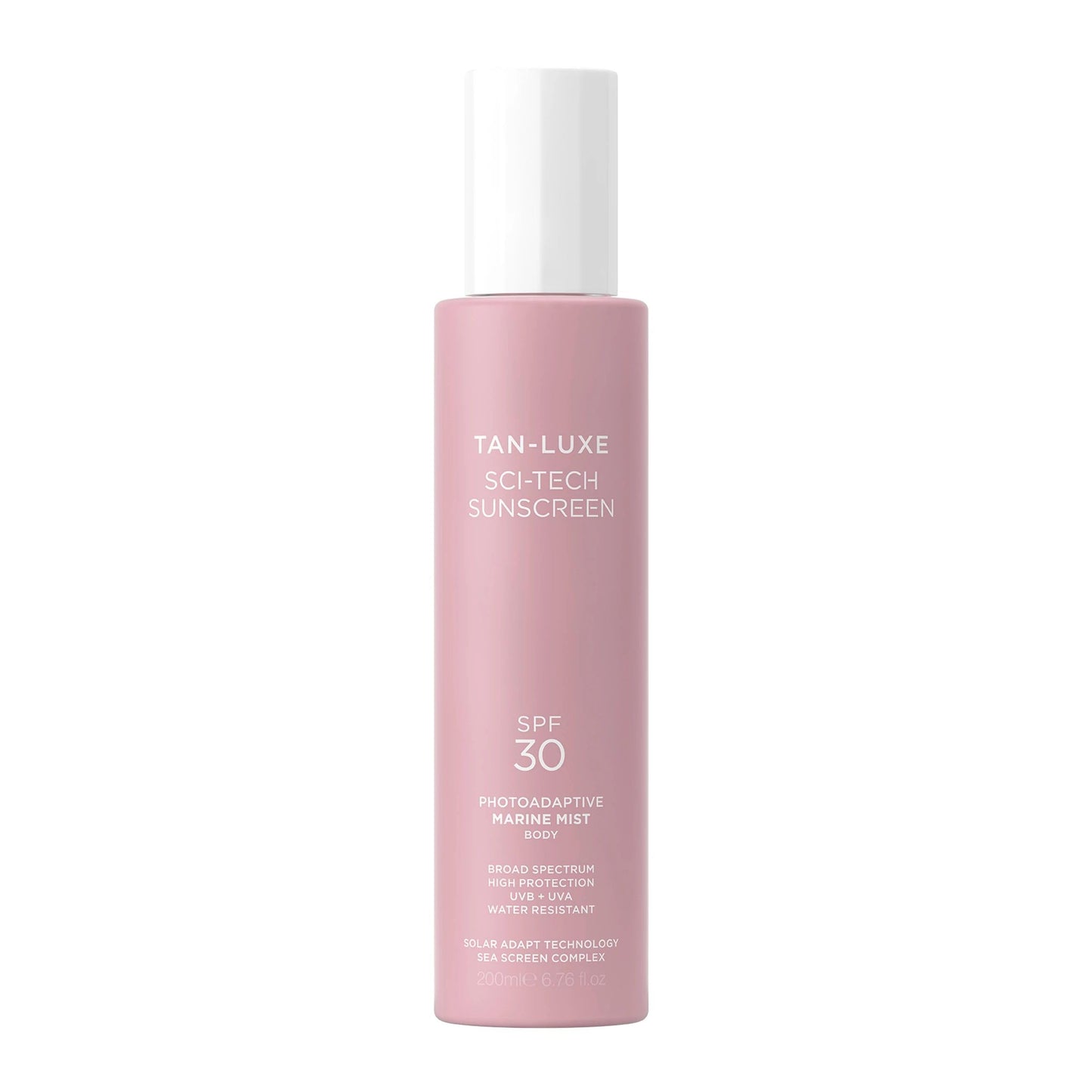 Tan-Luxe Sci-Tech Sunscreen Marine Mist Body, Clear, Lightweight Body Sunscreen Spray With Solar Adapt Technology, Water-Resistant, Reef Safe, Vegan, 6.76 fl. oz/200 ml Bottle