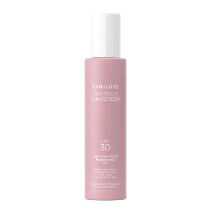 Tan-Luxe Sci-Tech Sunscreen Marine Mist Body, Clear, Lightweight Body Sunscreen Spray With Solar Adapt Technology, Water-Resistant, Reef Safe, Vegan, 6.76 fl. oz/200 ml Bottle