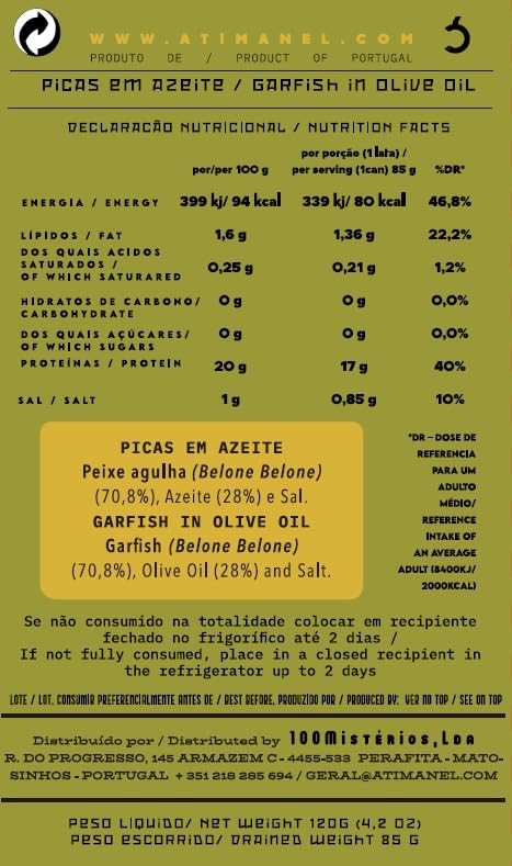 Portuguese Garfish Canned in Olive Oil | Wild Caught, B Vitamins, Omega-3 | Tinned Fish by Ati Manel | 120g Can, 120.0 grams