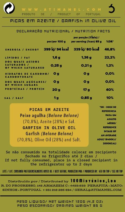 Portuguese Garfish Canned in Olive Oil | Wild Caught, B Vitamins, Omega-3 | Tinned Fish by Ati Manel | 120g Can, 120.0 grams