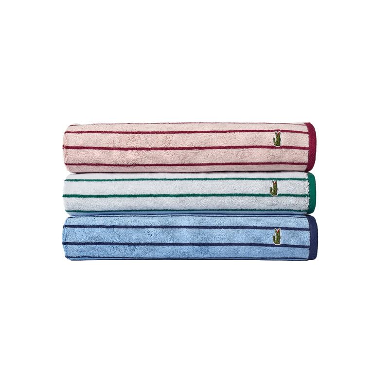 Lacoste Centre Mark Towel — 100% Soft Cotton Jacquard Stripe Design, Lightweight, Absorbent & Durable, Quick Drying, Pink, 13"x13" Wash Cloth
