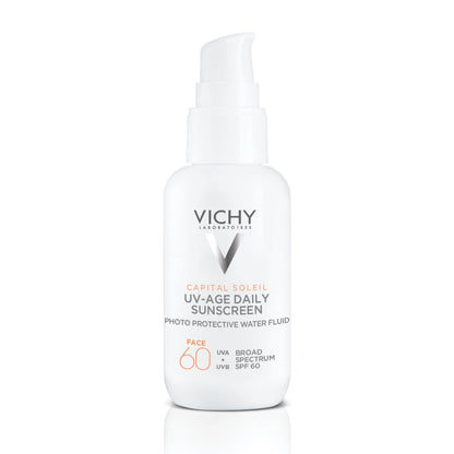 Vichy Capital Soleil UV-Age Daily SPF 60, Anti Aging Sunscreen for Face SPF 60, Hyaluronic Acid + Peptides + Vitamin C, Broad Spectrum Invisible SPF Protection, No White Cast Sunscreen